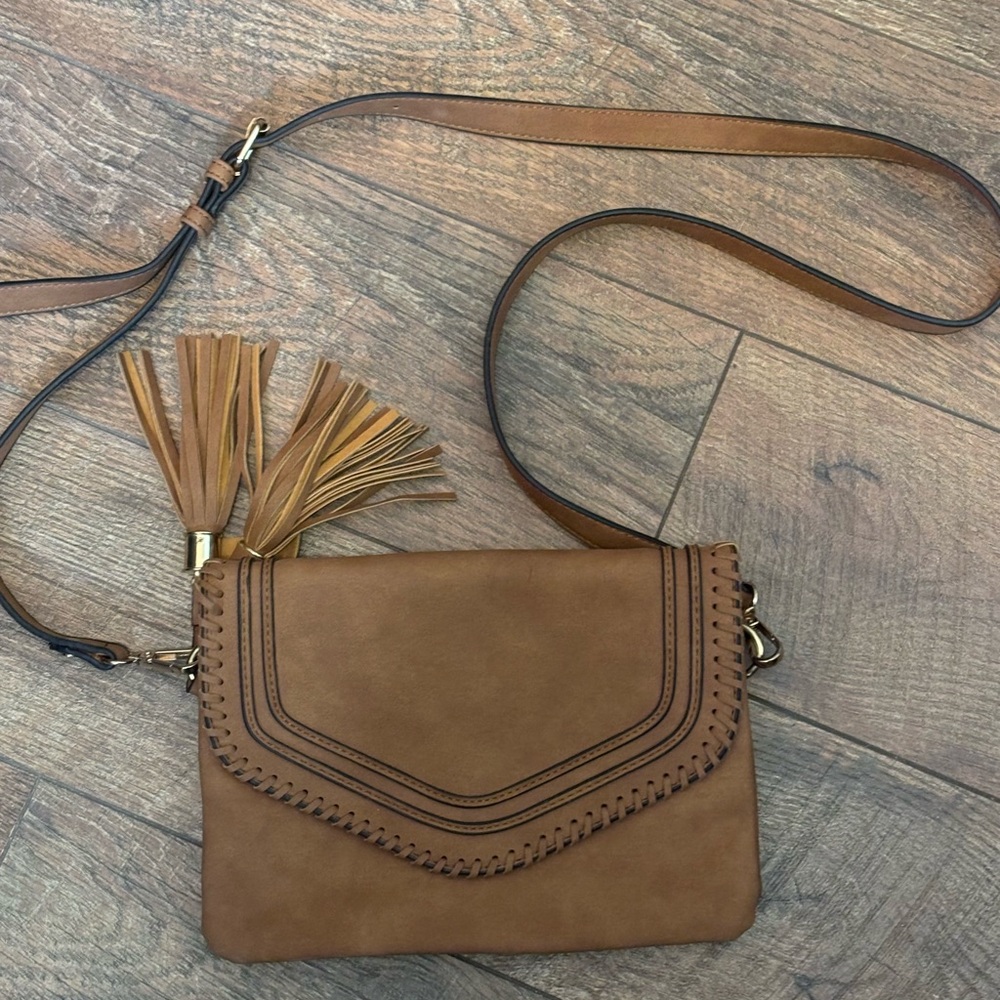 Elegant Tan Crossbody Bag with Tassels